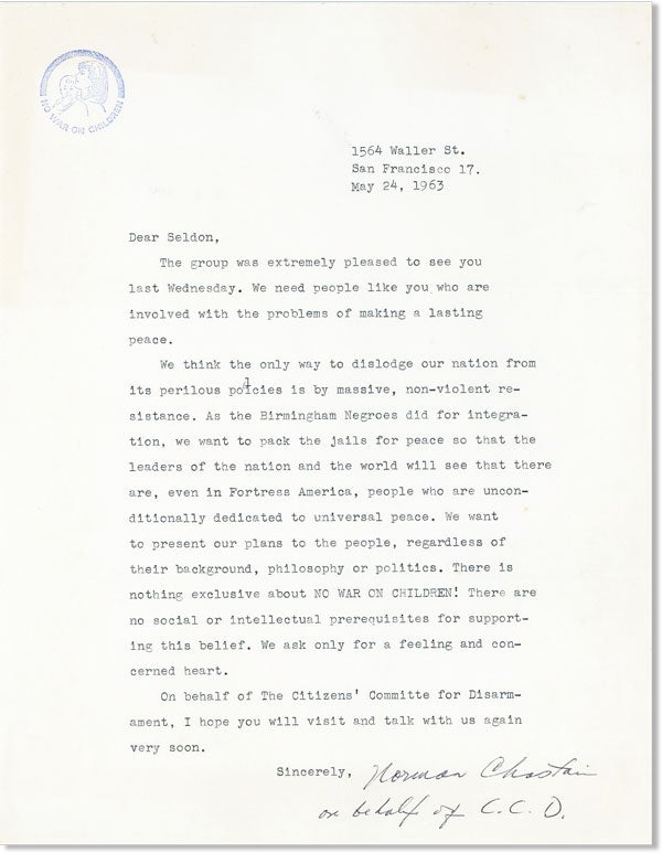 Item #45665] Typed Letter, Signed. CITIZENS' COMMITTEE FOR DISARMAMENT, Norman CHASTAIN