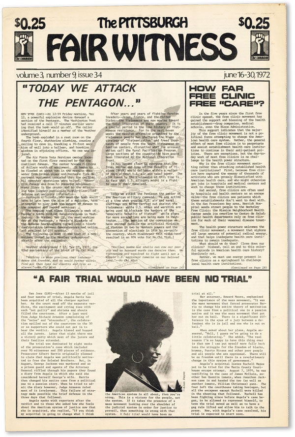Item #46074] The Pittsburgh Fair Witness - Vol.3, No.9 (June 16-30, 1972). Angela DAVIS
