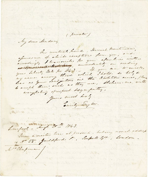 Autograph Letter Signed to Eliza Lee [Cabot] Follen, including Manuscript Poem "For the Liberty. AFRICAN AMERICANA, SLAVERY, ABOLITION, ABOLITION - WOMEN AUTHORS.