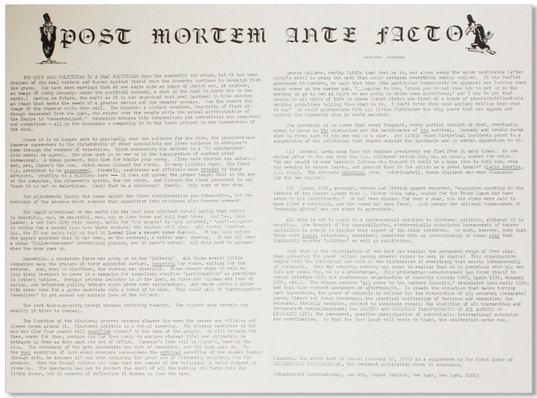 Original Broadside: Post Mortem Ante Facto. NEW LEFT - SITUATIONISM, "Anonymous Proletarian", Bruce Elwell.