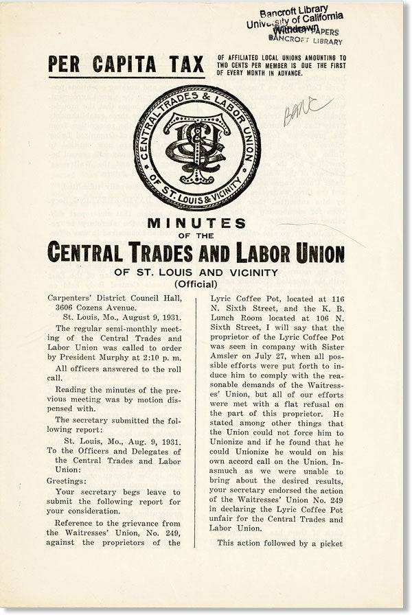 Item #46476] Minutes of the Central Trades and Labor Union of St. Louis and Vicinity (Official)....