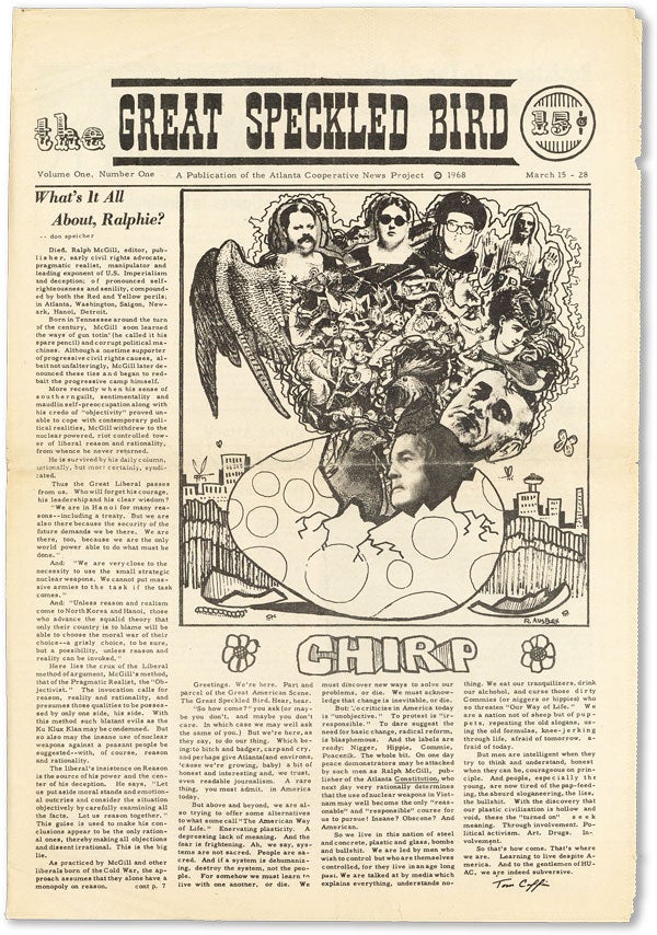 Item #46647] The Great Speckled Bird - Vol.1, No.1 (March 15-28, 1968). UNDERGROUND PRESS, Tom...
