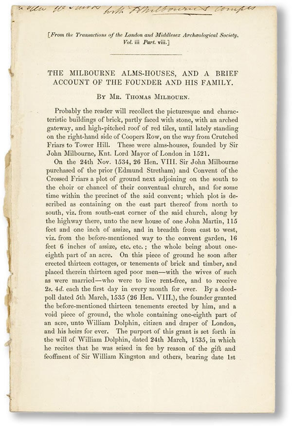 Item #47401] The Milbourn Alms-Houses, and a Brief Account of the Founder, and His Family...