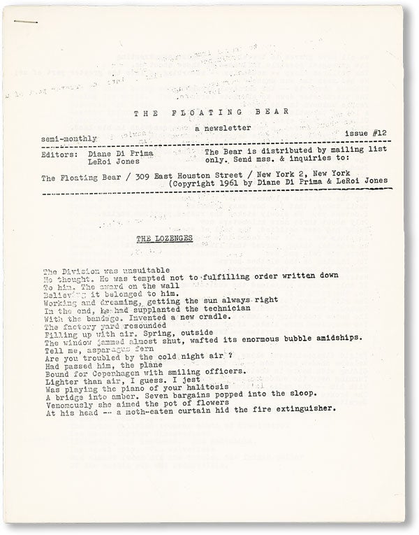 Item #47429] The Floating Bear: A Newsletter. Issue # 12. John ASHBERY, contr., Diane DI PRIMA,...