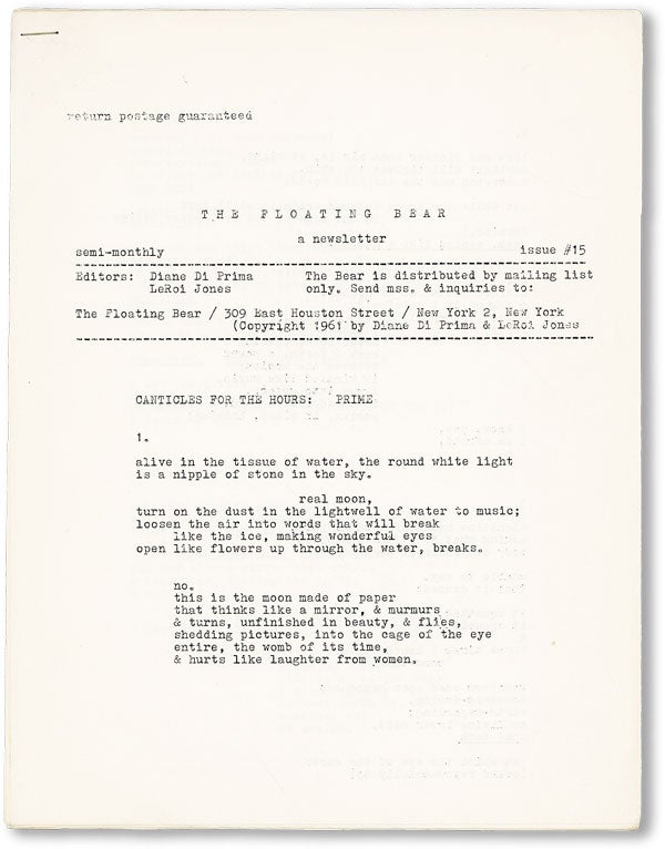 Item #47431] The Floating Bear: A Newsletter. Issue # 15. Allen GINSBERG, contr., Diane DI PRIMA,...