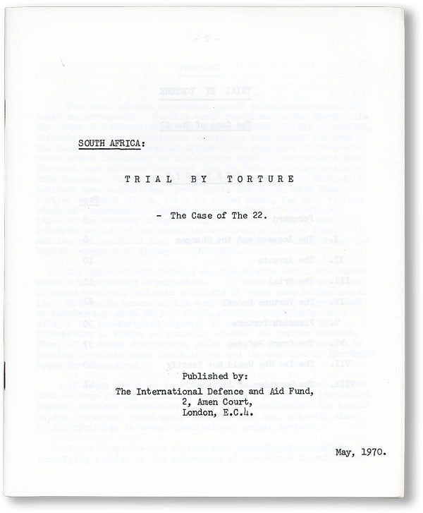 Item #47443] South Africa: Trial by Torture. The Case of the 22. SOUTH AFRICA - APARTHEID, L....