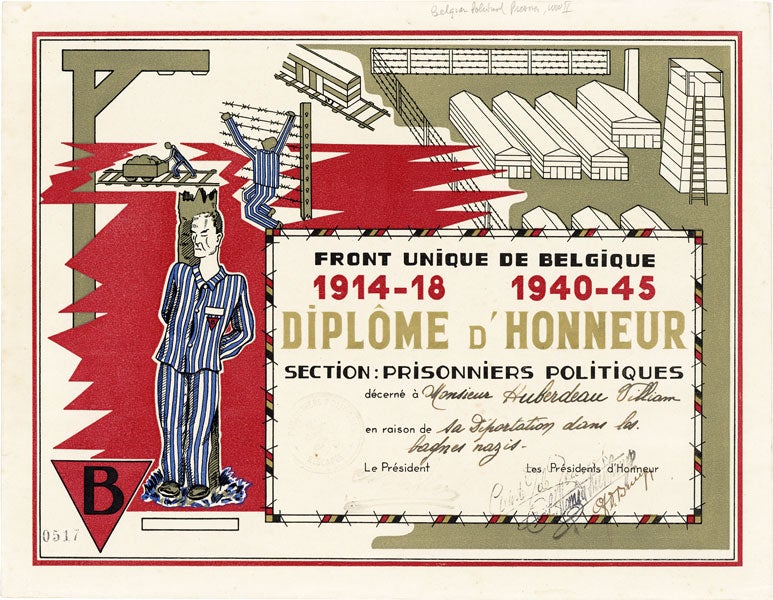 [Item #47585] [Broadside Diploma] Front Unique de Belgique / 1914-18 1940-45 / Diplôme d'Honneur / Section: Prisonniers Politiques. WORLD WAR II, AMICALE DES POSTIERS PRISONNIERS POLITIQUES RESCAPÉS, BELGIUM, PRISONERS OF WAR.