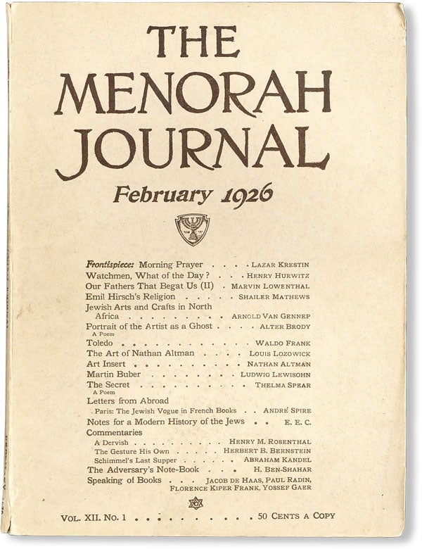 Item #48327] The Menorah Journal, Vol. XII, no. 1, February, 1926. Waldo FRANK, contr., Henry...