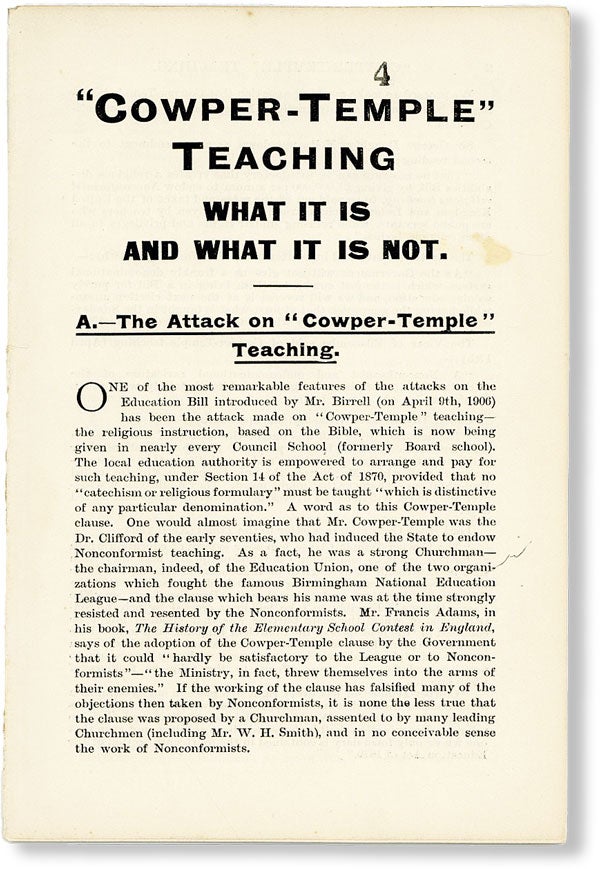 Item #48342] "Cowper-Temple" Teaching - What It Is and What It Is Not. SECULARISM - GREAT BRITAIN