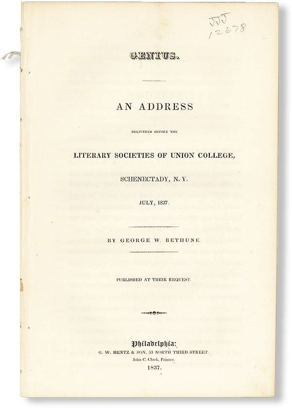 Item #48815] Genius. An Address Delivered Before the Literary Societies of Union College,...
