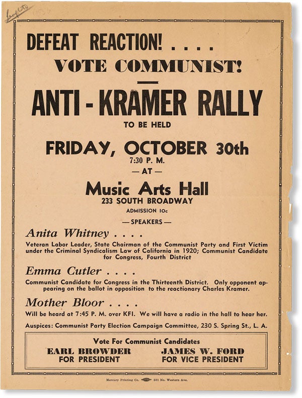 Item #48933] [Broadside] Defeat Reaction! Vote Communist! Anti-Kramer Rally to be Held Friday,...