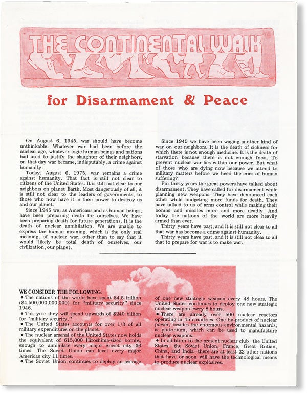 Item #48994] The Continental Walk for Disarmament & Peace. WAR RESISTERS LEAGUE