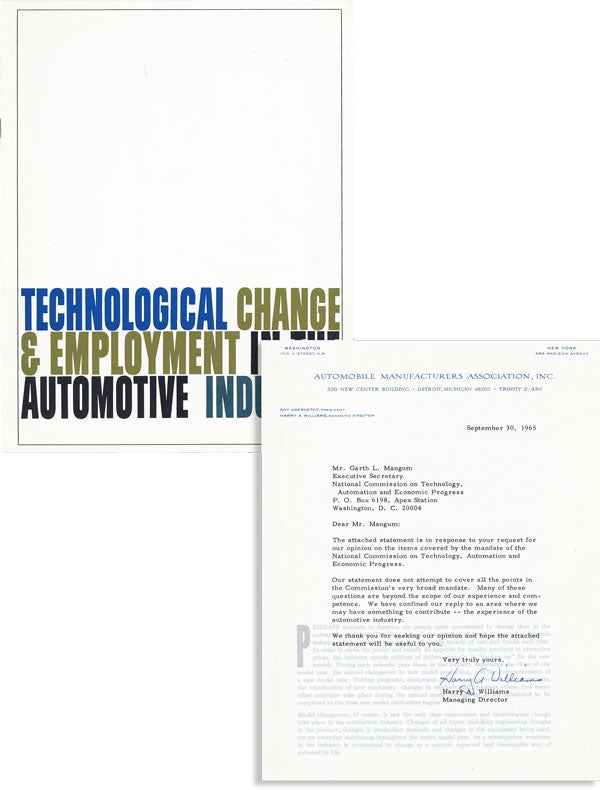 Item #49063] Technological Change & Employment in the Automotive Industry [Typed Letter, Signed,...