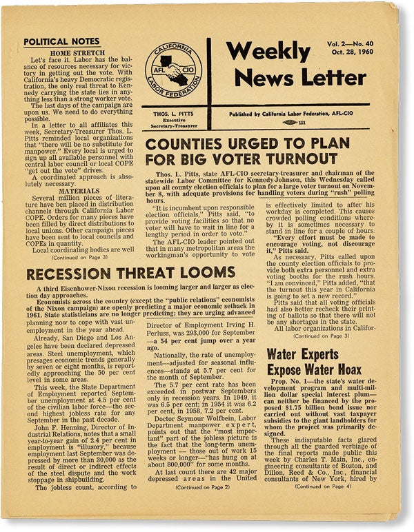 Item #49067] Weekly News Letter, Vol. 2, no. 40, Oct. 28, 1960. AFL-CIO CALIFORNIA LABOR FEDERATION