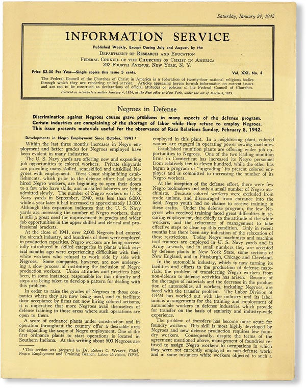 Item #49081] Information Service, Vol. XXI, no. 4, Saturday, January 24, 1942. DEPARTMENT OF...