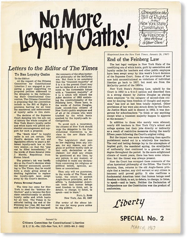 Item #49082] No More Loyalty Oaths! [Liberty Special No. 2]. CITIZENS COMMITTEE FOR...