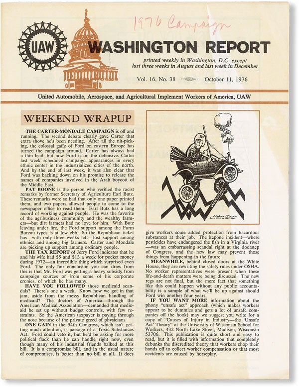 [Item #49084] UAW Washington Report, Vol. 16, no. 38, October 11, 1976. AEROSPACE UNITED AUTOMOBILE, UAW, AND AGRICULTURAL IMPLEMENT WORKERS OF AMERICA.