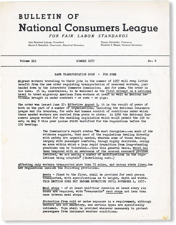 Item #49085] Bulletin of National Consumers League, Vol. XXI, no. 2, Summer, 1957. NATIONAL...