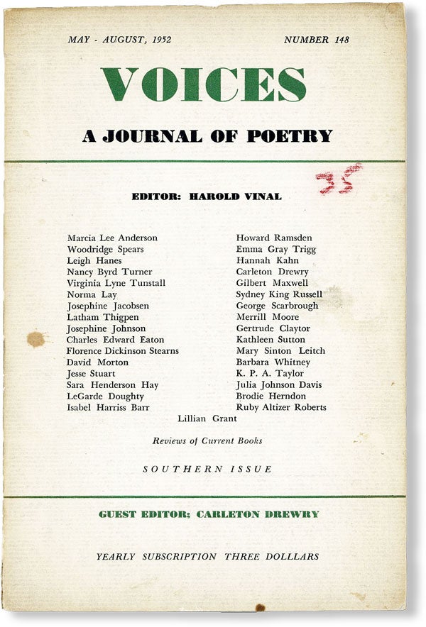 Item #49107] Voices: a Journal of Poetry. Number 148 (May - August 1952). "Southern Issue" Harold...