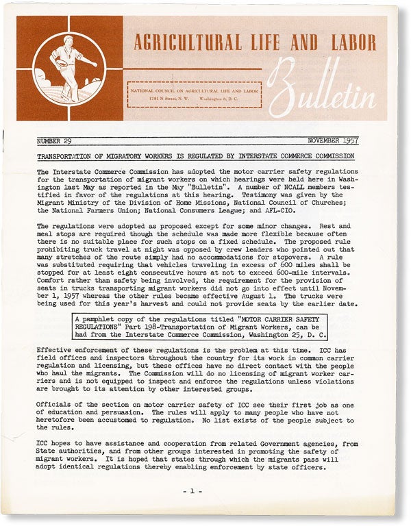 Item #49131] Agricultural Life and Labor Bulletin, No. 29, November, 1957. NATIONAL COUNCIL ON...