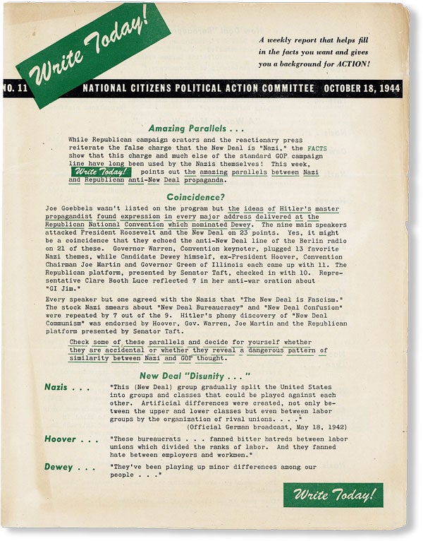 Item #49134] Write Today! No. 11, October 18, 1944. NATIONAL CITIZENS POLITICAL ACTION COMMITTEE