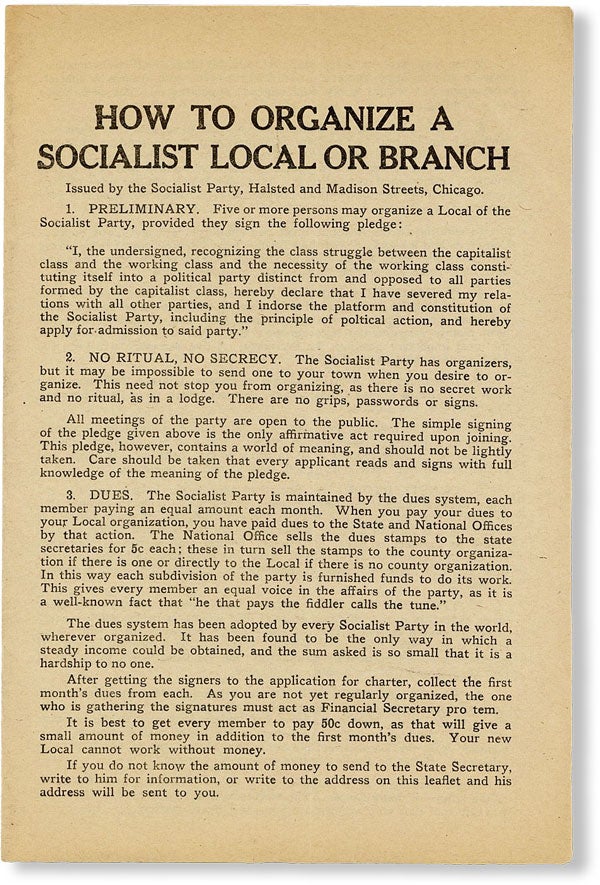 Item #49230] How to Organize a Socialist Local or Branch. SOCIALIST PARTY OF AMERICA