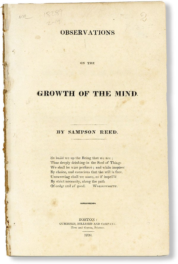 Item #49287] Observations on the Growth of the Mind. SWEDENBORGIANISM, Sampson REED,...