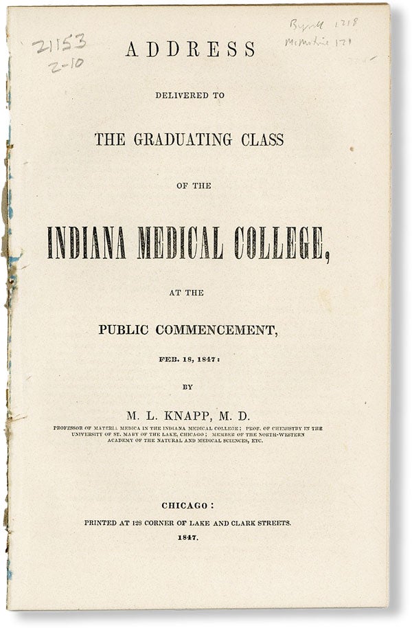 Item #49328] Address Delivered to the Graduating Class of the Indiana Medical College, at the...