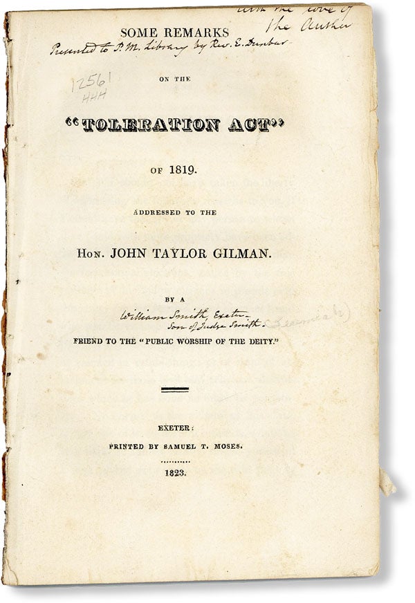 Item #49336] Some Remarks on the "Toleration Act" of 1819. Addressed to the Hon. John Taylor...