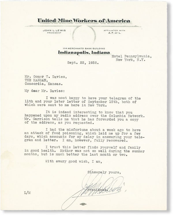 Typed Letter, Signed, to Gomer T. Davies. John L. LEWIS.