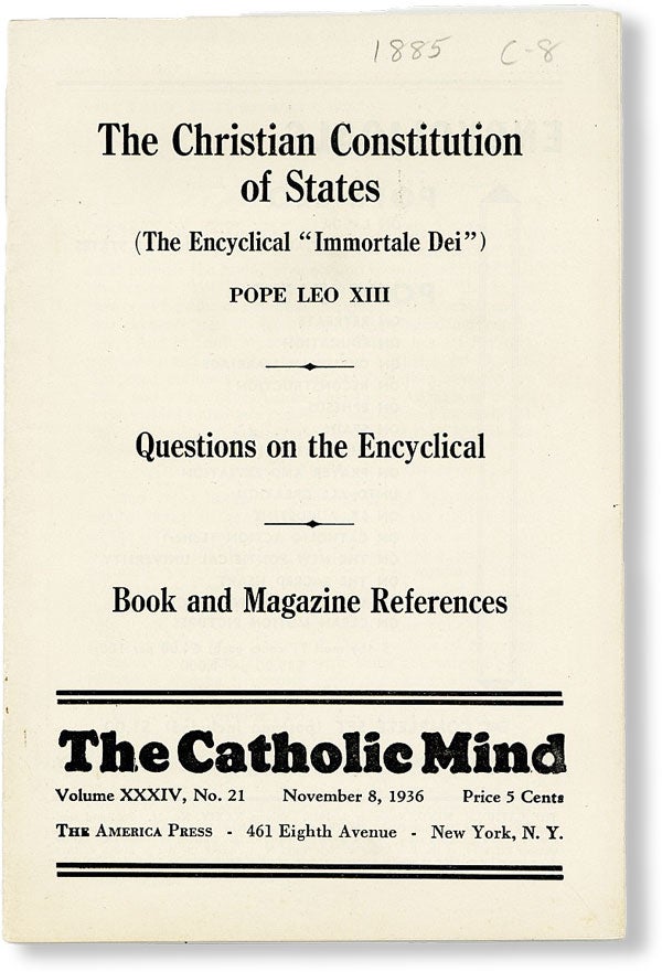 Item #49413] The Catholic Mind, Vol. XXXIV, no. 21, November 8, 1936. CATHOLIC CHURCH