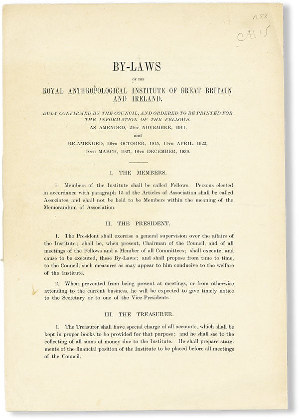 Item #49415] By-Laws of the Royal Anthropological Institute of Great Britain and Ireland. ROYAL...