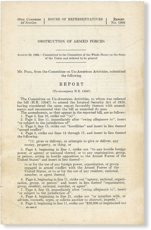 Item #49611] Obstruction of Armed Forces [89th Congress, 2d Session, Report no. 1908]. UNITED...