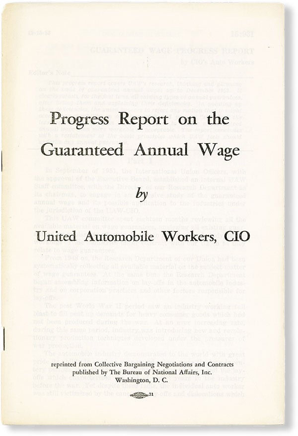 Item #49618] Progress Report on the Guaranteed Annual Wage [Drop title: Guaranteed Wages Progress...
