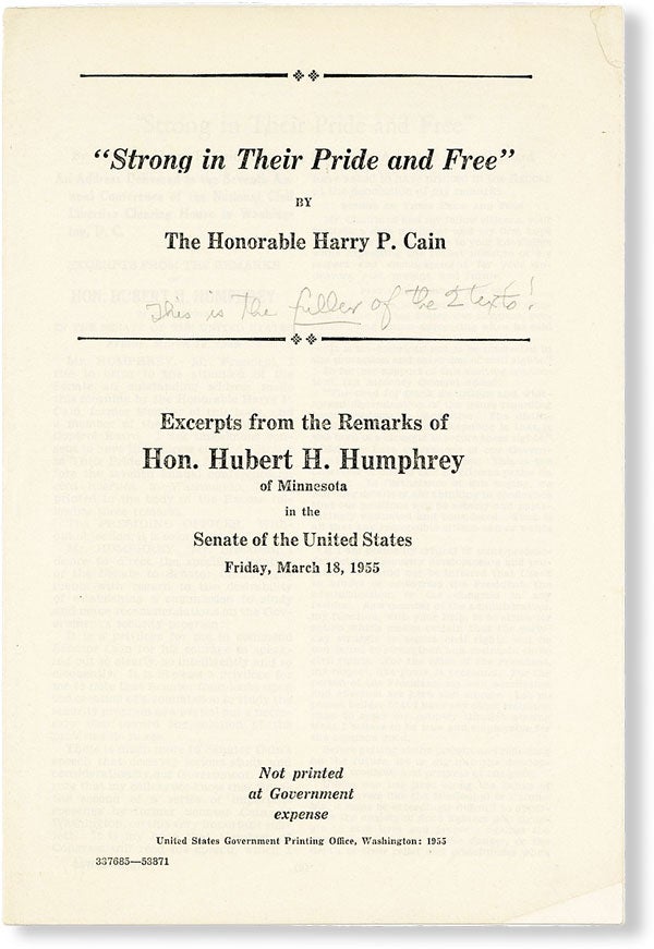 Item #49625] "Strong in Their Pride and Free" [And] Excerpts from the Remarks of Hon. Hubert H....
