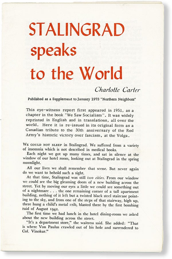 Item #49628] Stalingrad Speaks to the World. Charlotte CARTER