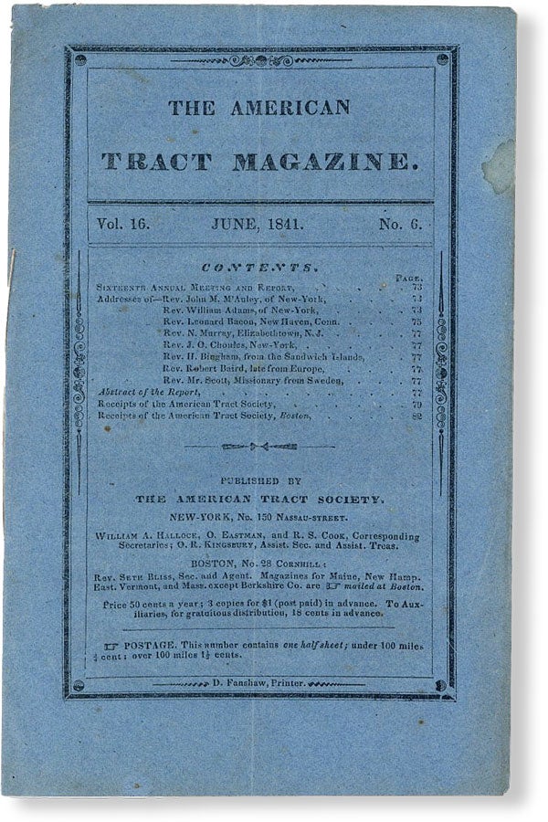 Item #49706] The American Tract Magazine, Vol. 16, no. 6, June, 1841. AMERICAN TRACT SOCIETY