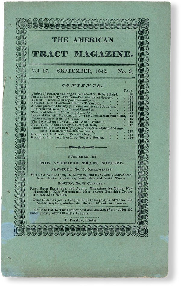 Item #49707] The American Tract Magazine, Vol. 17, no. 9, September, 1842. AMERICAN TRACT SOCIETY