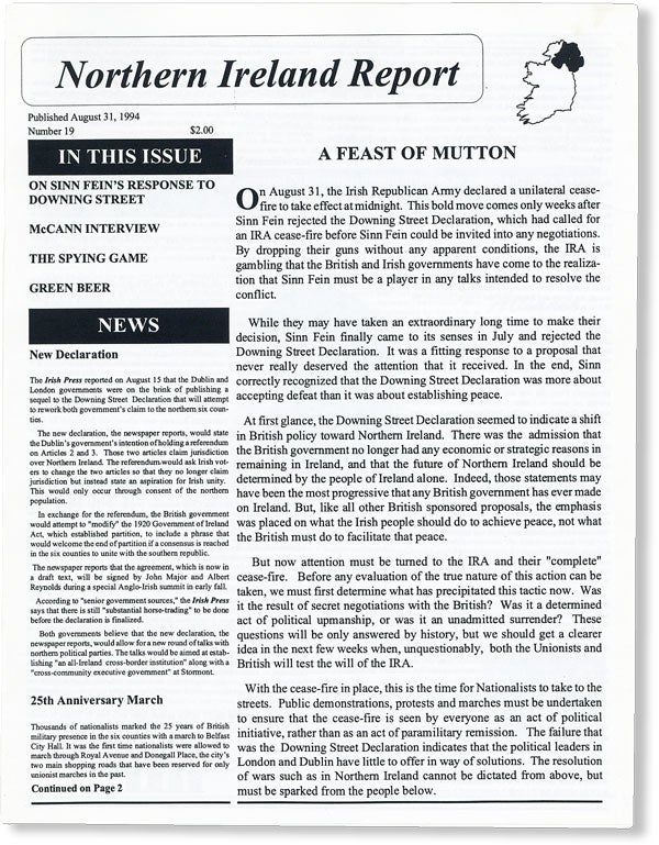 Item #49736] Northern Ireland Report. Number 19 (Aug 31, 1994). NORTHERN IRELAND, Tim O'CONNOR,...
