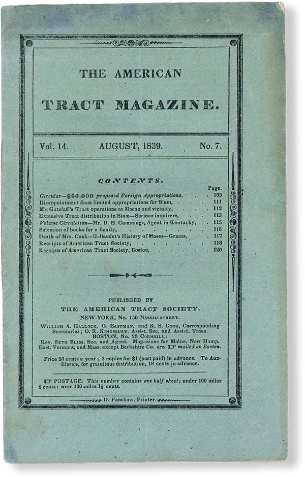 Item #49763] The American Tract Magazine, Vol. 14, no. 7 [i.e. 8], August, 1839. AMERICAN TRACT...