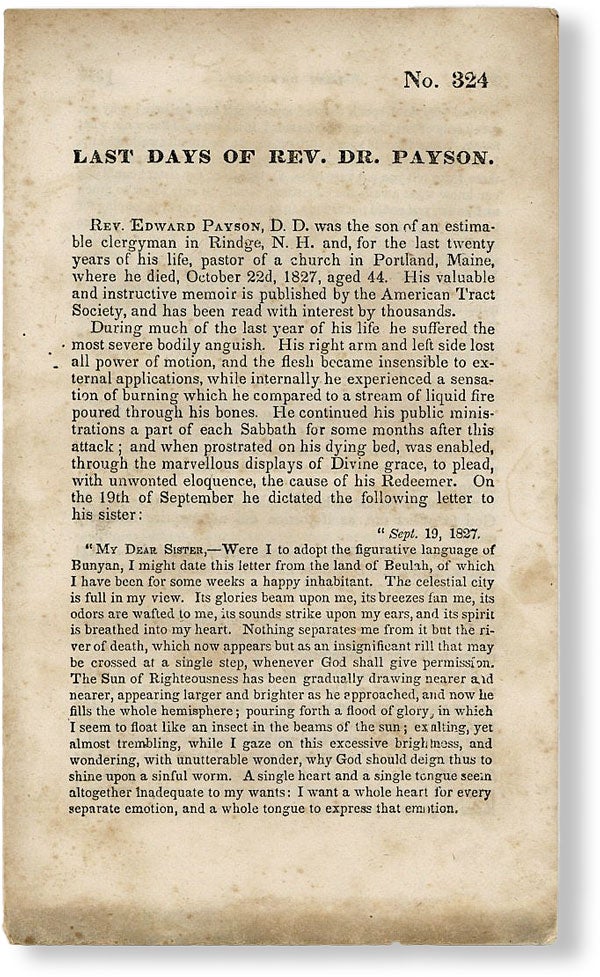Item #49818] Last Days of Rev. Dr. Payson [No. 324]. AMERICAN TRACT SOCIETY, Edward PAYSON