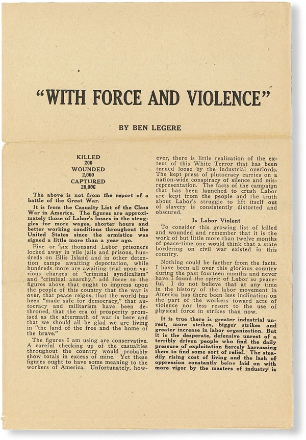 Item #49831] "With Force And Violence" WORKERS' DEFENSE UNION, Ben LEGERE