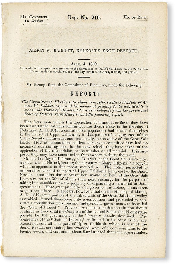 Item #50027] Almon W. Babbitt, Delegate from Deseret. April 4, 1850. Almon W. BABBITT, UNITED...