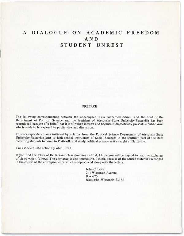Item #50060] A Dialogue on Academic Freedom and Student Unrest. FREE SPEECH - WISCONSIN