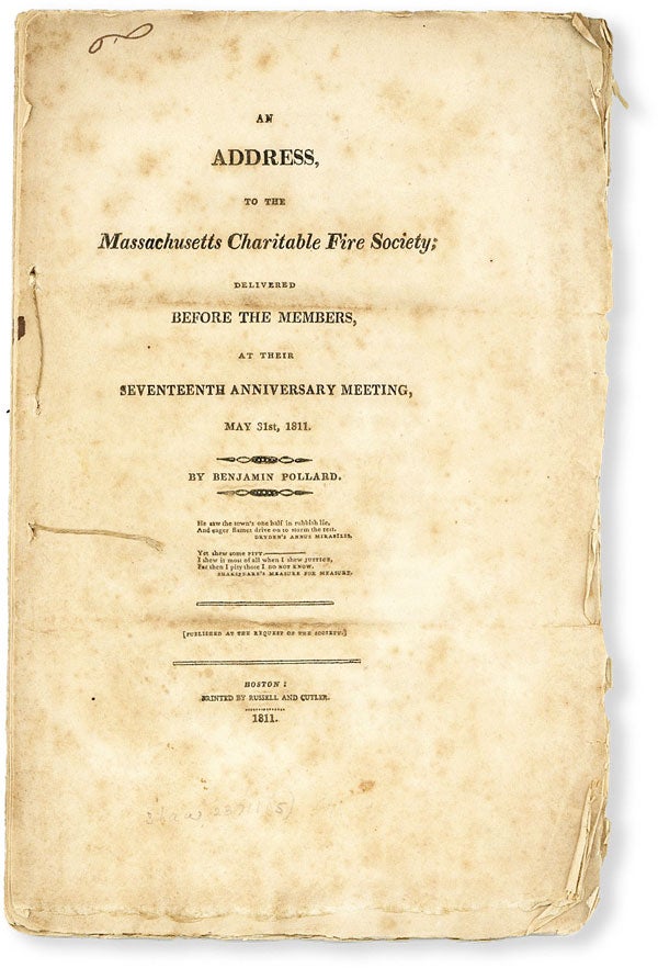 Item #50104] An Address to the Massachusetts Charitable Fire Society; Delivered Before the...