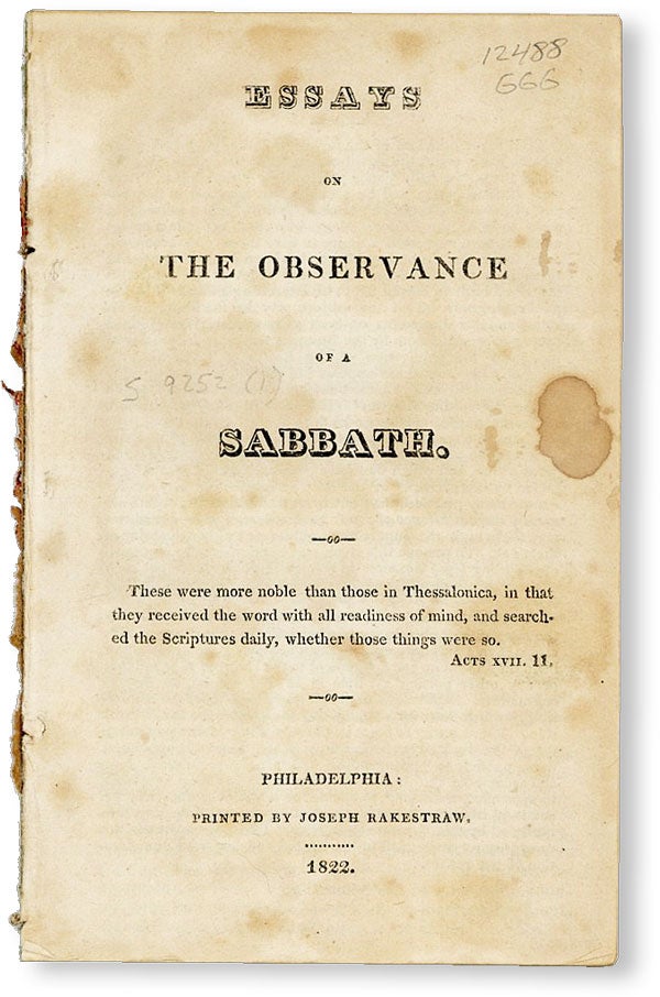 Item #50217] Essays on the Observance of a Sabbath. "LELAND", attr Thomas M'Clintock