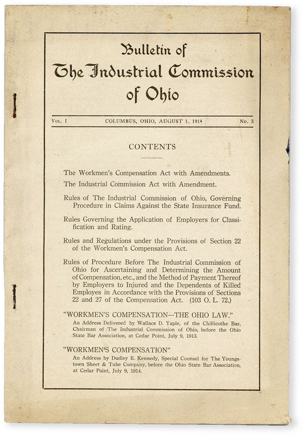 Item #50454] Bulletin of the Industrial Commission of Ohio. Vol. 1 no. 3 (August 1, 1914). LABOR...