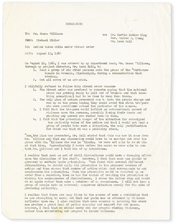 Item #50595] Memorandum, August 13, 1966. To Hosea Williams [Atlanta Field Office, Southern...