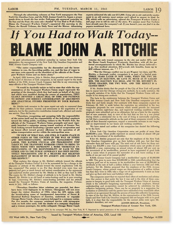 Item #51440] Strike Broadside: If You Had to Walk Today – Blame John A. Ritchie. TRANSPORT...