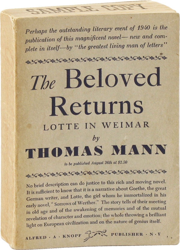 Item #53764] The Beloved Returns [Lotte in Weimar]. Thomas H. T. Lowe-Porter MANN, author
